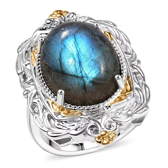 NEW Malagasy Labradorite Solitaire Ring in 18K YG Plated Platinum Brass Bond - Picture 1 of 3